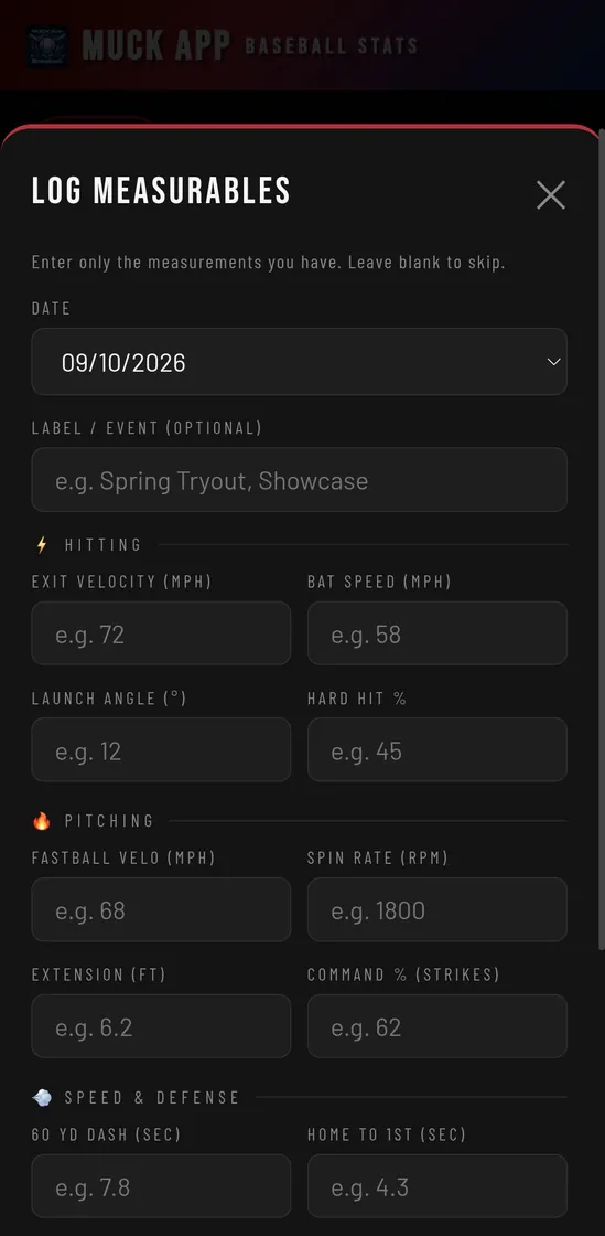 Muck App Baseball — Measurables